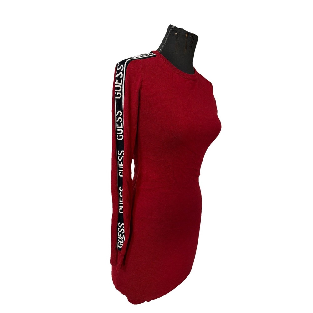 Guess Sz S Red Knit Becca Instarsia Sweater Dress Long Spell Out Sleeve Y2K New